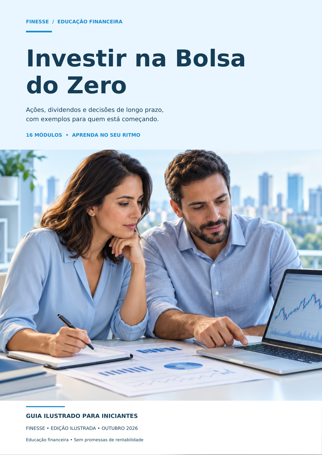 Capa do ebook Investir na Bolsa do Zero, em azul-claro, com duas pessoas estudando investimentos